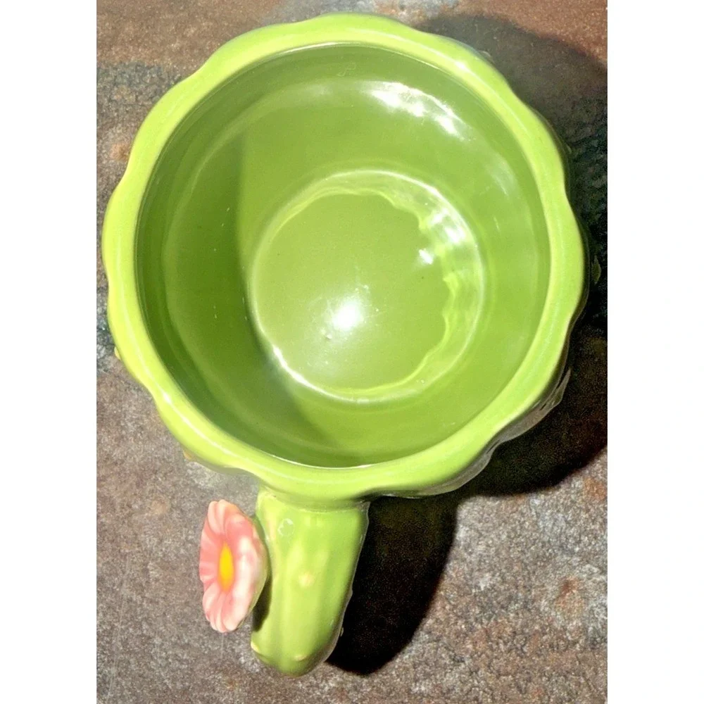 Pier 1 Cactus Mug Green Stoneware Flower Handle Coffee Cup EUC
